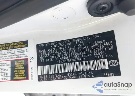 2013 Toyota Avalon Limited z USA, uszkodzony, nr VIN 4T1BK1EB4DU070498